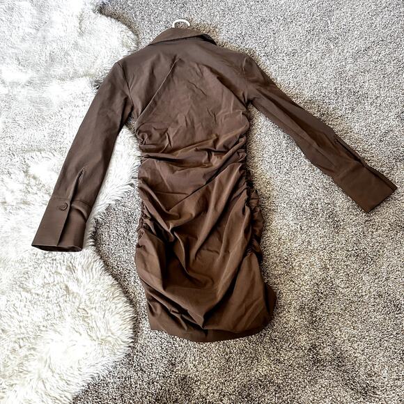 Zara Brown Ruched Button Up Mini Dress Size S - Picture 6 of 6